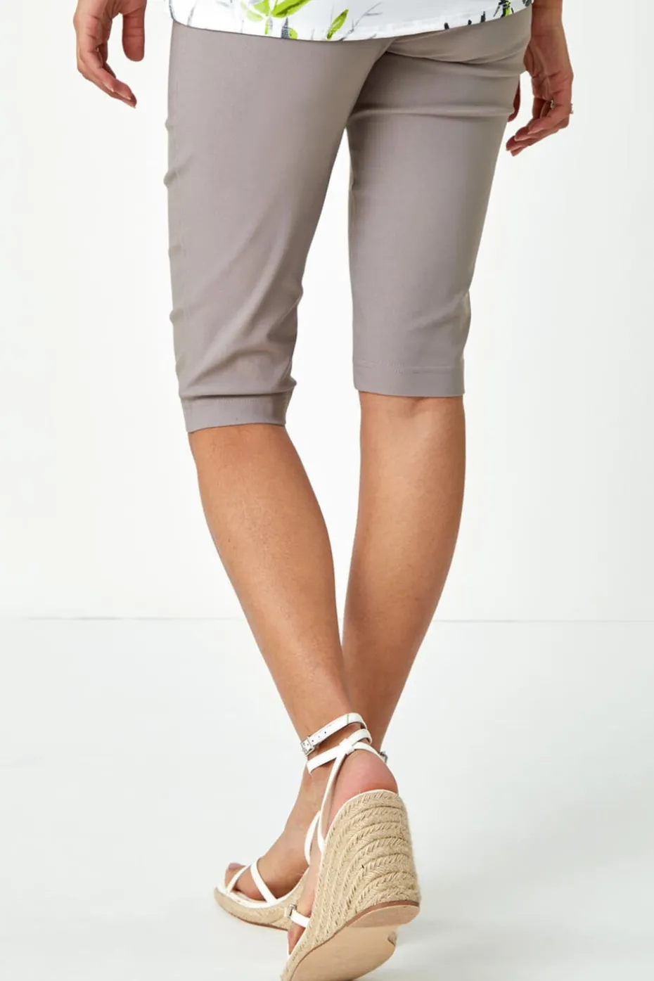 Roman Taupe Elastic Waist Knee Length Stretch Shorts