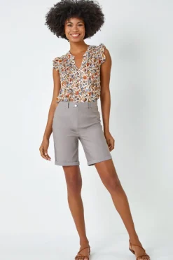 Roman Taupe Elastic Waist Turn Up Stretch Shorts