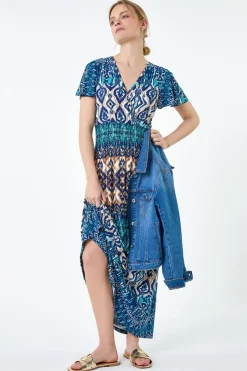 Roman Teal Aztec Print Shirred Stretch Maxi Dress