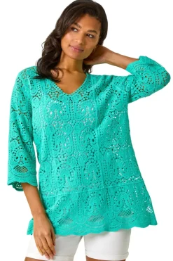 Roman Teal Cotton Crochet Tunic Top