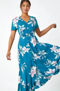Roman Teal Floral Print Shirred Waist Maxi Dress