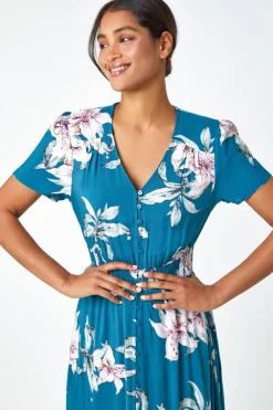 Roman Teal Floral Print Shirred Waist Maxi Dress