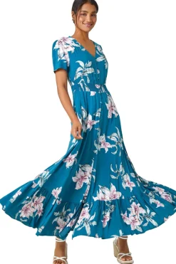 Roman Teal Floral Print Shirred Waist Maxi Dress