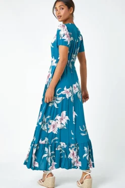 Roman Teal Floral Print Shirred Waist Maxi Dress