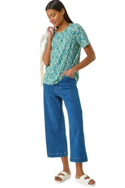 Roman Teal Ikat Print Stretch T Shirt