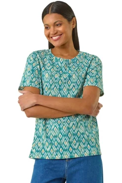 Roman Teal Ikat Print Stretch T Shirt