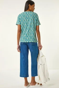 Roman Teal Ikat Print Stretch T Shirt
