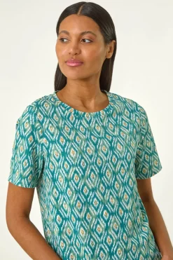 Roman Teal Ikat Print Stretch T Shirt
