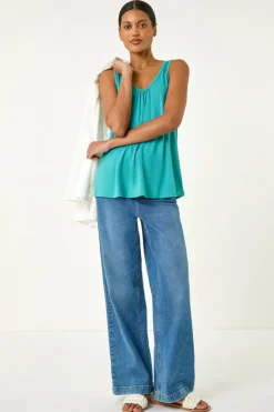 Roman Teal Plain V Neck Stretch Jersey Vest Top