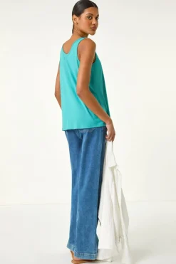 Roman Teal Plain V Neck Stretch Jersey Vest Top