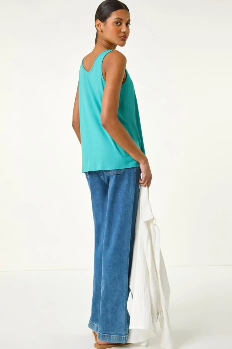 Roman Teal Plain V Neck Stretch Jersey Vest Top