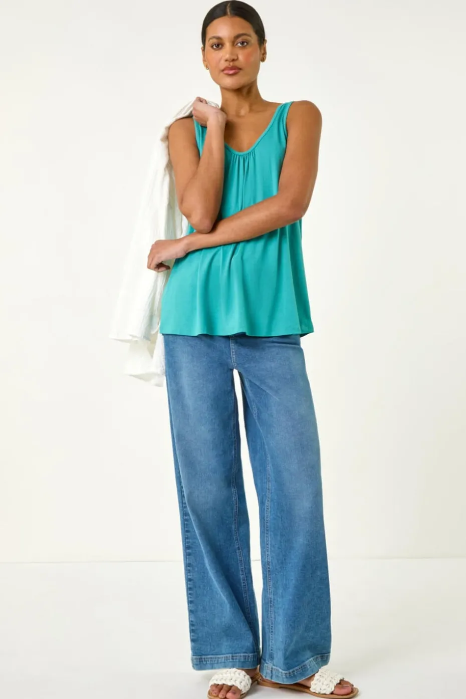 Roman Teal Plain V Neck Stretch Jersey Vest Top