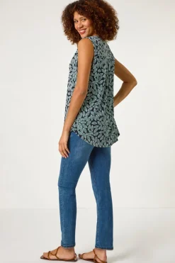 Roman Teal Textured Leaf Print Stretch Top