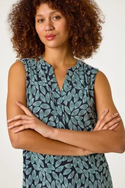 Roman Teal Textured Leaf Print Stretch Top