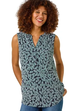 Roman Teal Textured Leaf Print Stretch Top