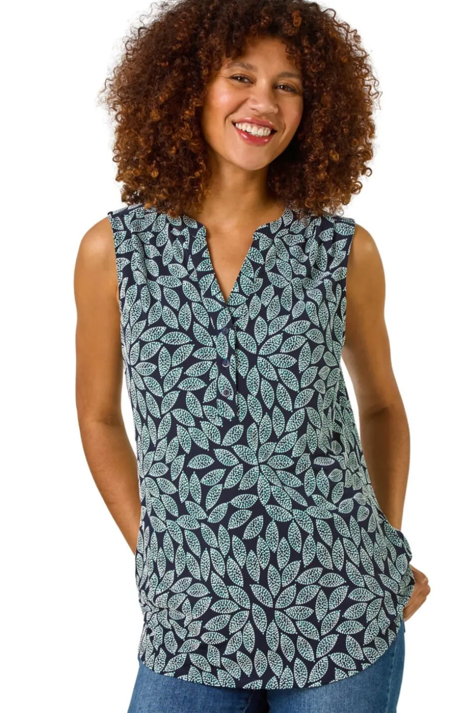 Roman Teal Textured Leaf Print Stretch Top