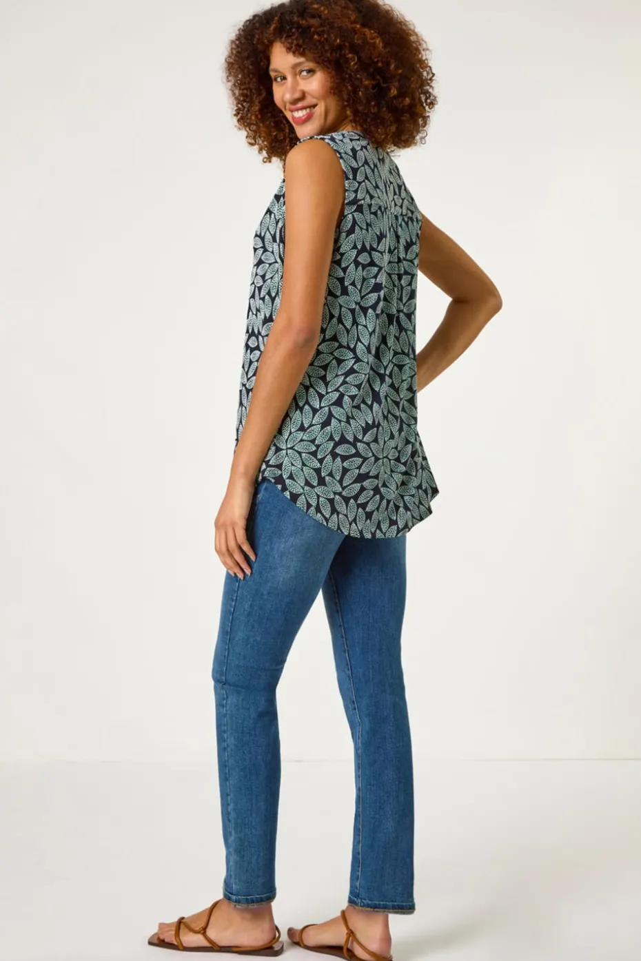 Roman Teal Textured Leaf Print Stretch Top