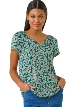 Roman Teal Textured Leaf Print Stretch Top