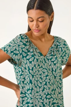 Roman Teal Textured Leaf Print Stretch Top