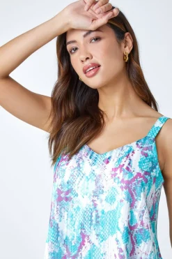 Roman Turquoise Animal Print Shimmer Detail V-Neck Vest Top