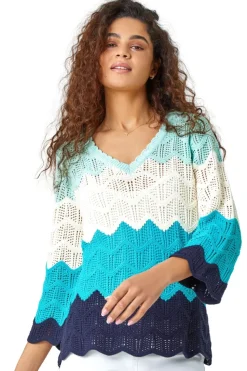 Roman Turquoise Colour Block Crochet Knit Jumper