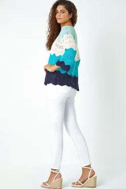 Roman Turquoise Colour Block Crochet Knit Jumper