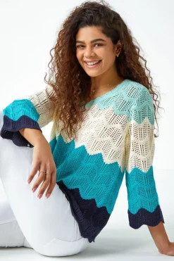 Roman Turquoise Colour Block Crochet Knit Jumper