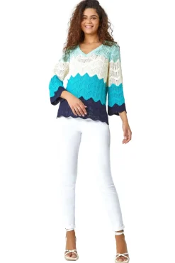 Roman Turquoise Colour Block Crochet Knit Jumper