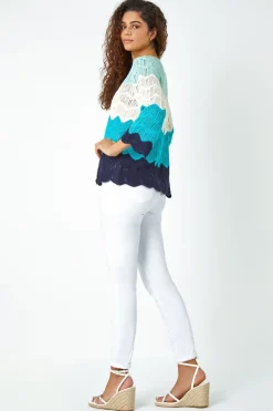 Roman Turquoise Colour Block Crochet Knit Jumper