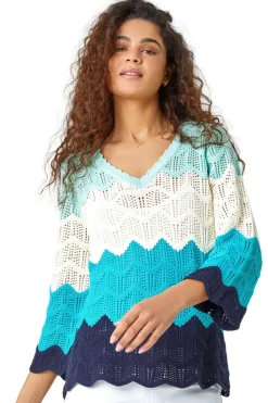 Roman Turquoise Colour Block Crochet Knit Jumper
