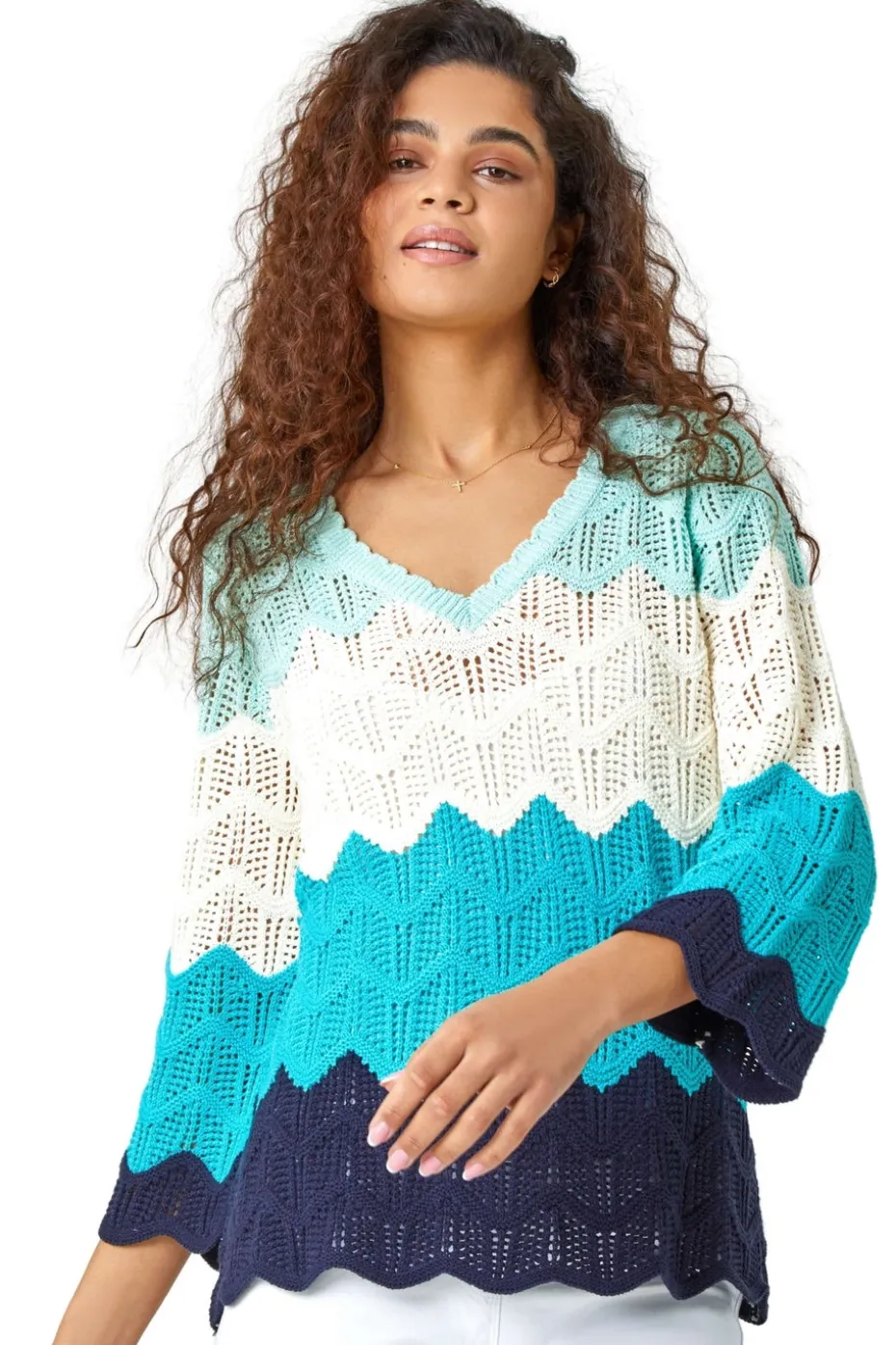 Roman Turquoise Colour Block Crochet Knit Jumper