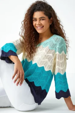 Roman Turquoise Colour Block Crochet Knit Jumper