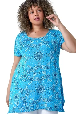 Roman Turquoise Curve Paisley Back Bar Stretch Tunic Top