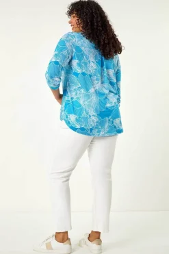 Roman Turquoise Curve Textured Floral Print V Neck Shirt
