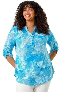 Roman Turquoise Curve Textured Floral Print V Neck Shirt