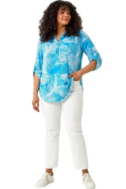 Roman Turquoise Curve Textured Floral Print V Neck Shirt