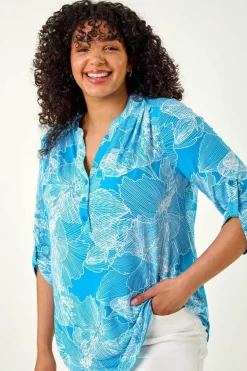 Roman Turquoise Curve Textured Floral Print V Neck Shirt