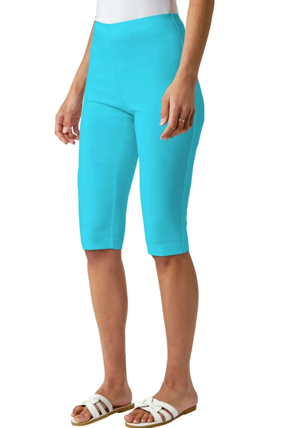 Roman Turquoise Elastic Waist Knee Length Stretch Shorts