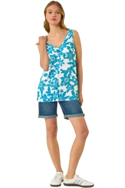 Roman Turquoise Floral Button Cami Top
