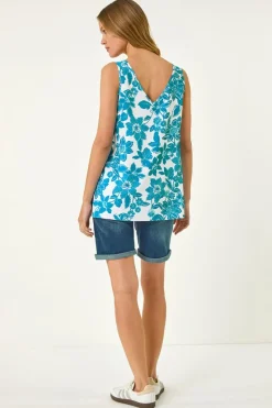 Roman Turquoise Floral Button Cami Top