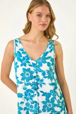 Roman Turquoise Floral Button Cami Top