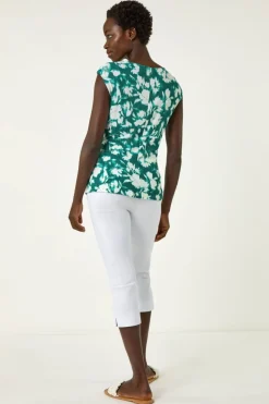 Roman Turquoise Floral Jacquard Twist Front Top