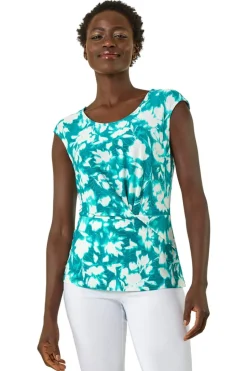Roman Turquoise Floral Jacquard Twist Front Top