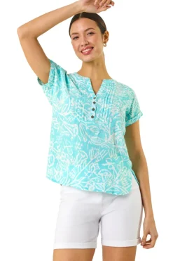 Roman Turquoise Leaf Print V Neck Button Top