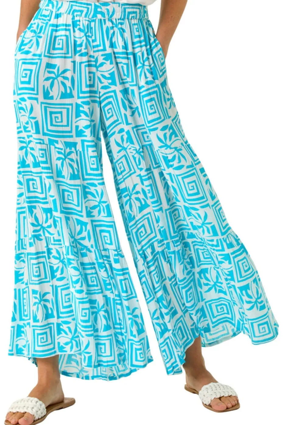 Roman Turquoise Palm Tile Print Tiered Palazzo Trouser