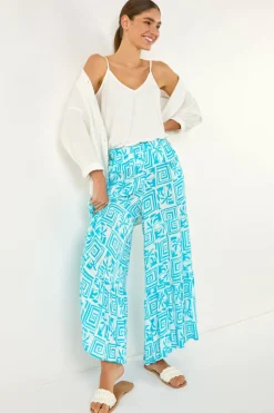 Roman Turquoise Palm Tile Print Tiered Palazzo Trouser