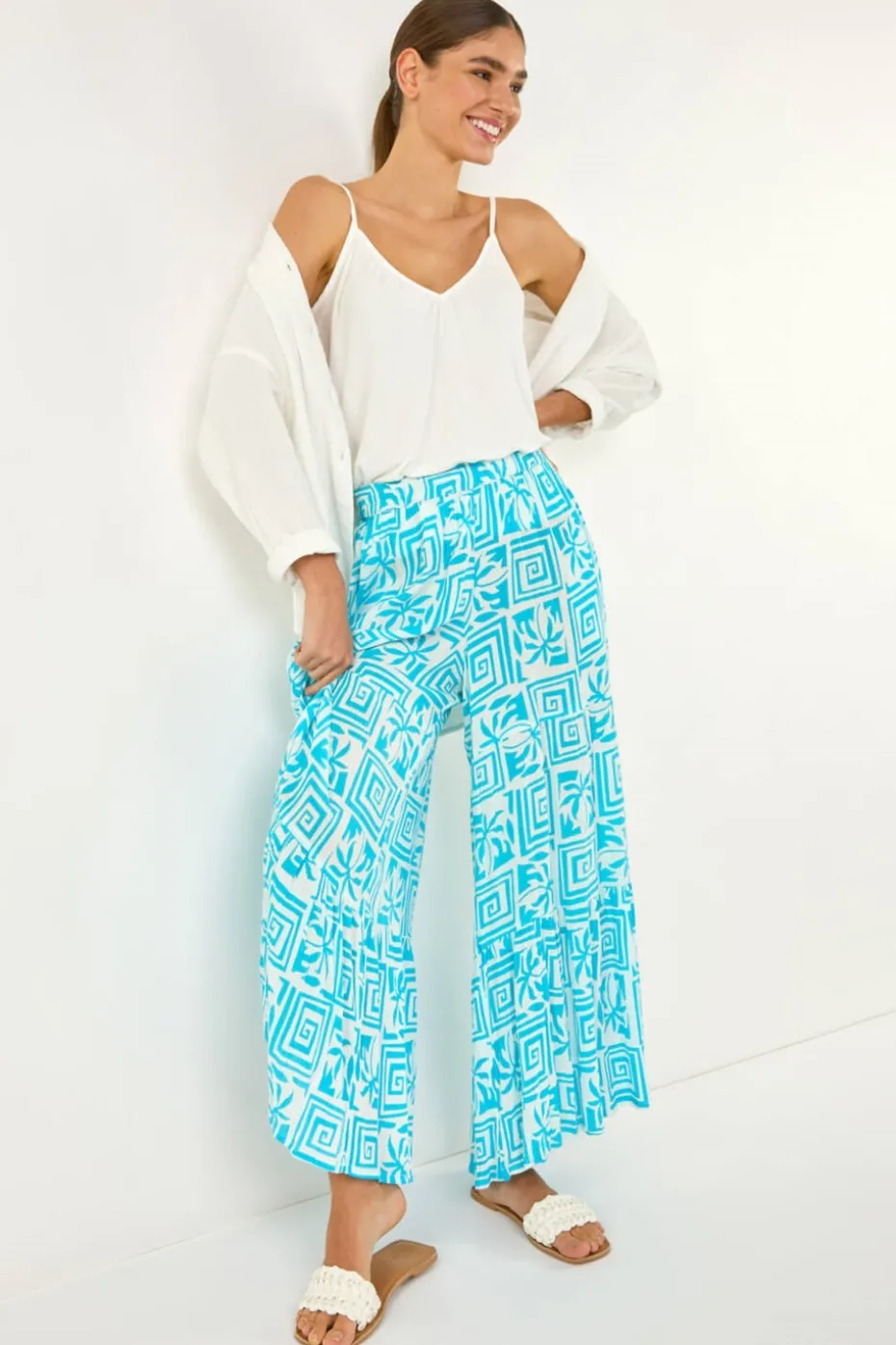 Roman Turquoise Palm Tile Print Tiered Palazzo Trouser