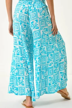 Roman Turquoise Palm Tile Print Tiered Palazzo Trouser