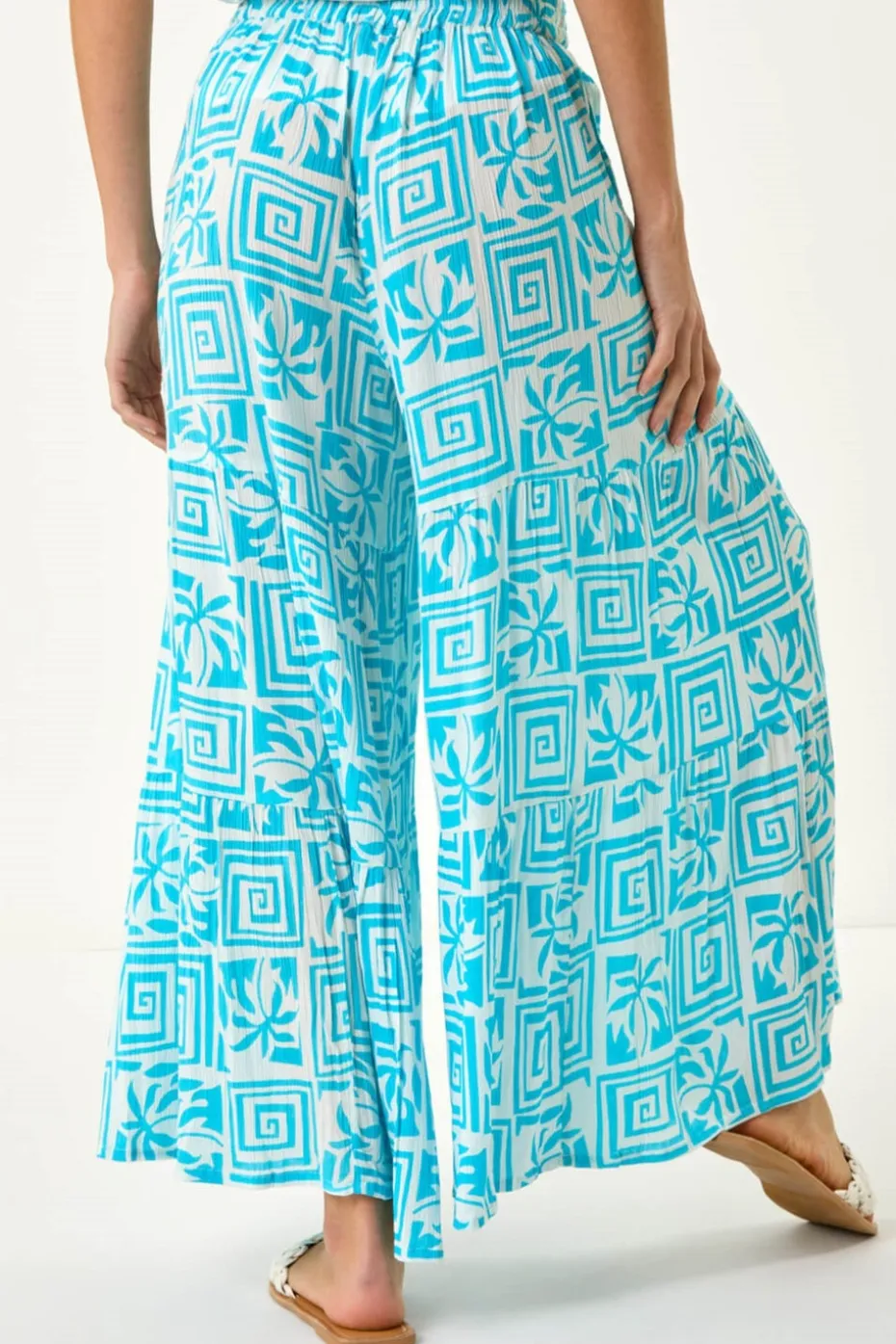 Roman Turquoise Palm Tile Print Tiered Palazzo Trouser