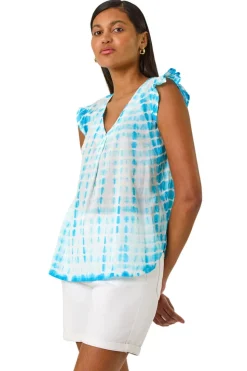 Roman Turquoise Pleated Tie Dye Frill Top